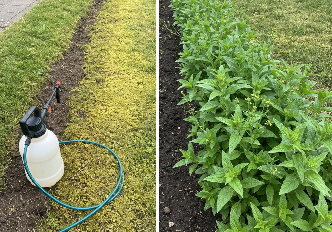 Garden edge with a pesticide sprayer hose and nearby untouched plants in separate strips, showing contrast.