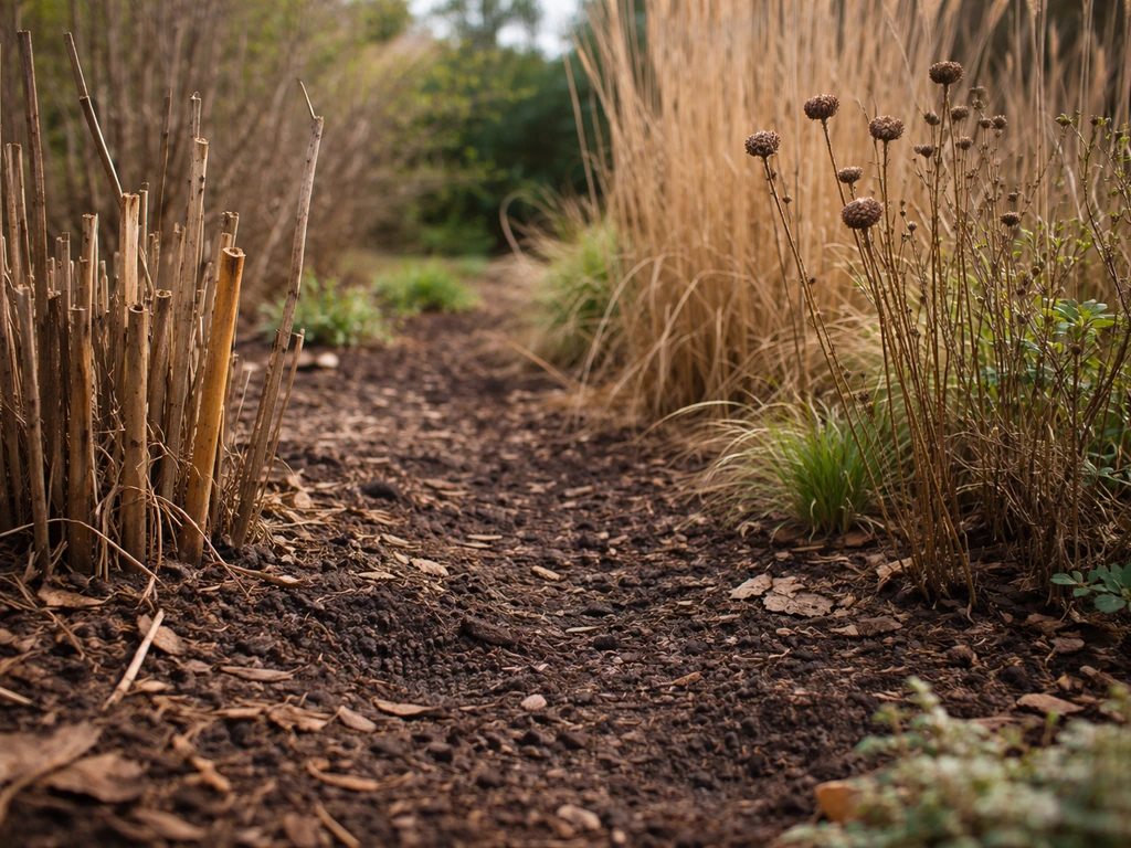 Garden bed with tall grasses and leftover winter stems creating a pesticide-free mantis habitat.