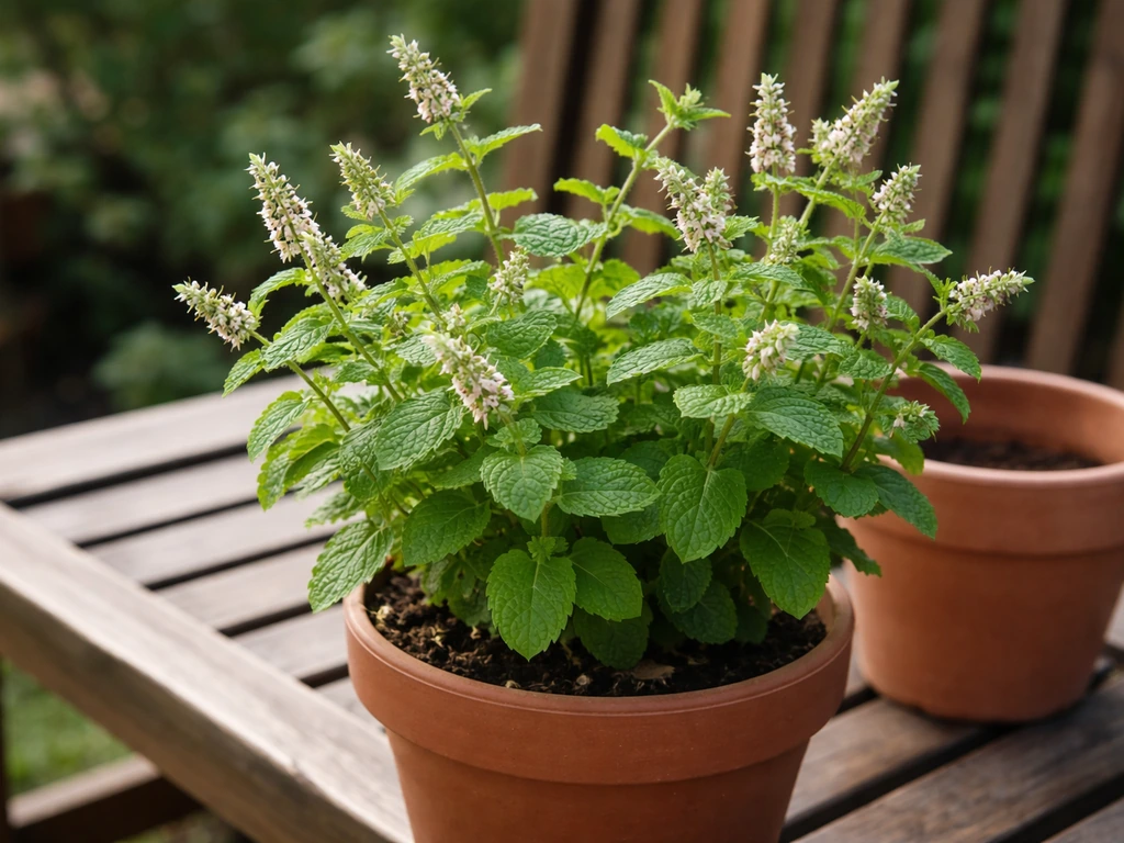 Potted mint plant with early green foliage and visible small mint blossoms along stems