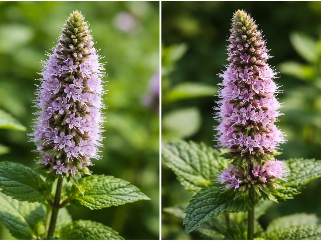 Macro closeups of spearmint and peppermint flower spikes side by side in mid-to-late summer light.