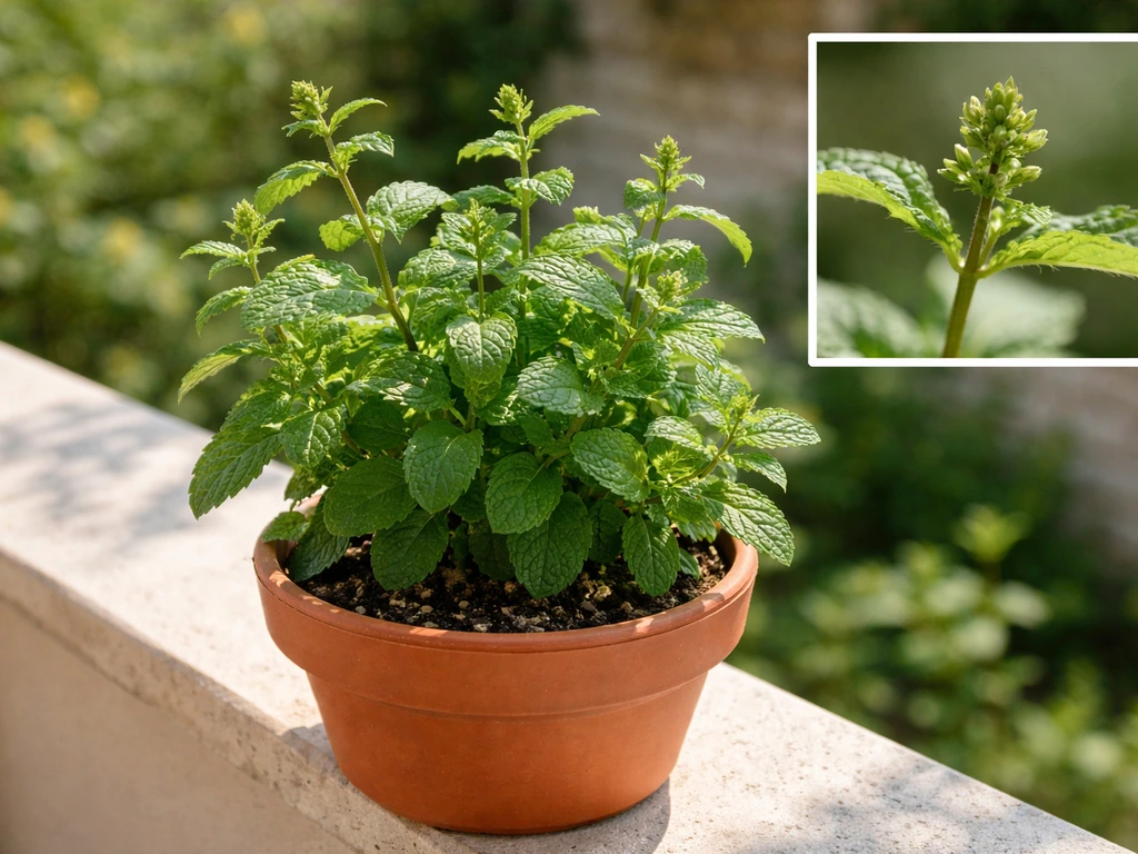 Fresh green mint in bright sunlight with stems and early bud tips showing where flowering forms