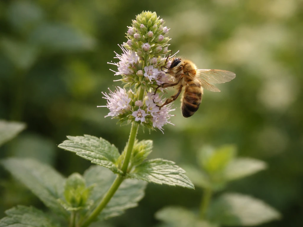 Honeybee feeding on pale purple mint blossoms in a close-up garden scene.