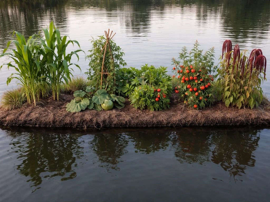 Close view of six chinampa crops—maize, beans, squash, chili peppers, tomatoes, and amaranth—in a simple water-edge bed