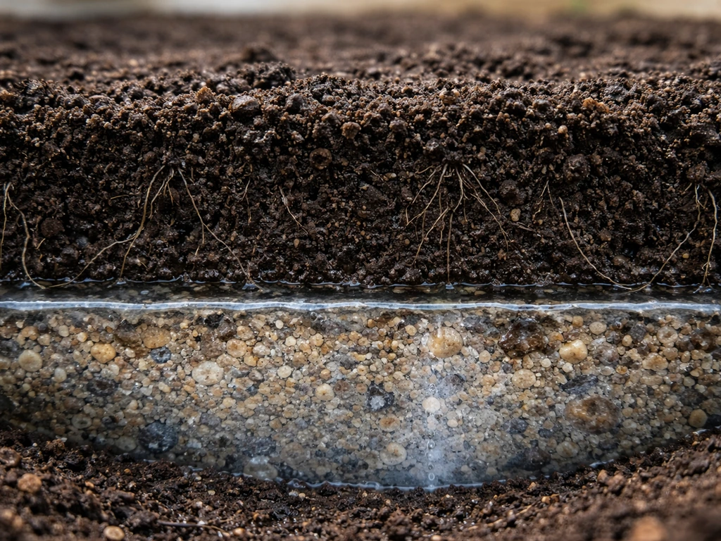 Close-up of raised garden bed showing hidden wicking moisture under roots via moist soil beneath.