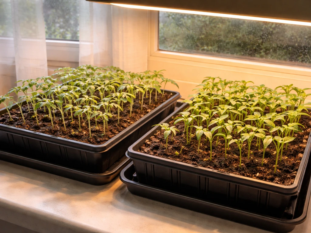 Warm-lit indoor seed trays with tomato and chili pepper seedlings ready for transplanting.