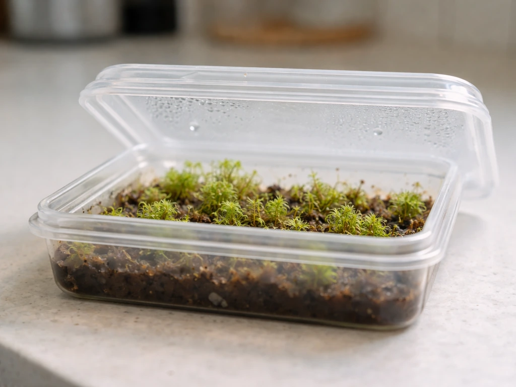 Lidded humidity tray on a kitchen counter showing early green moss/fern-like growth from spores.