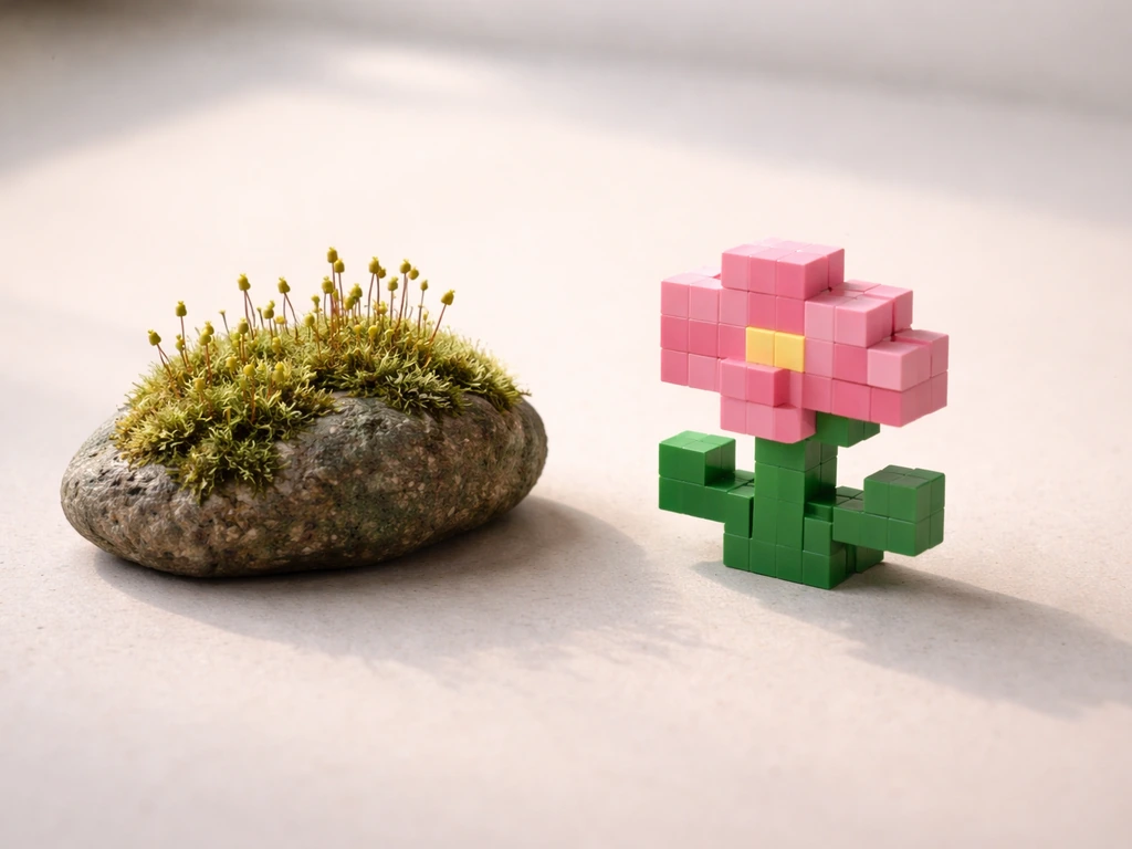 Close-up of a small moss-covered rock beside a plain pink plastic flower, contrasting game-like “spore blossoms”