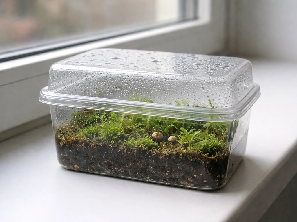 Minimal windowsill propagation container with damp soil, moss and tiny fern-like sprouts under a humidity cover.
