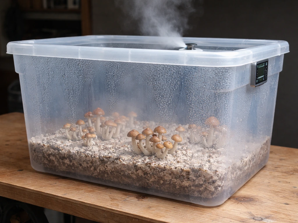 Clear plastic fruiting tub with small mushrooms emerging, condensation on the walls in a simple workspace.