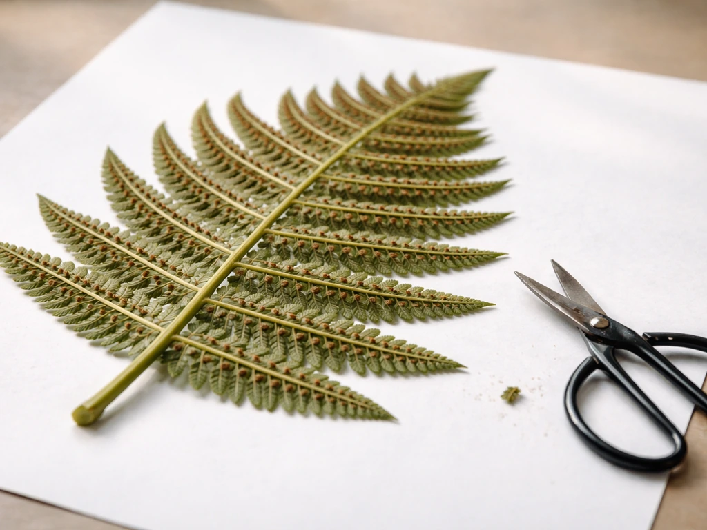Close-up of a mature fern frond underside with brown dust-like sori on a white paper capture surface