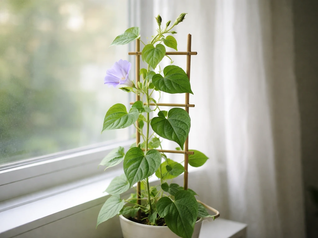 Healthy indoor morning glory vine twining on a window trellis with buds and a flower in soft morning light.