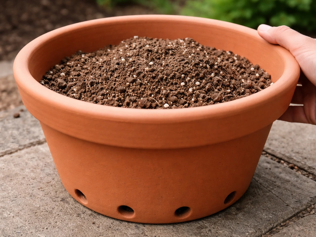 Deep pot with drainage holes filled with airy well-draining mix and perlite, close-up.