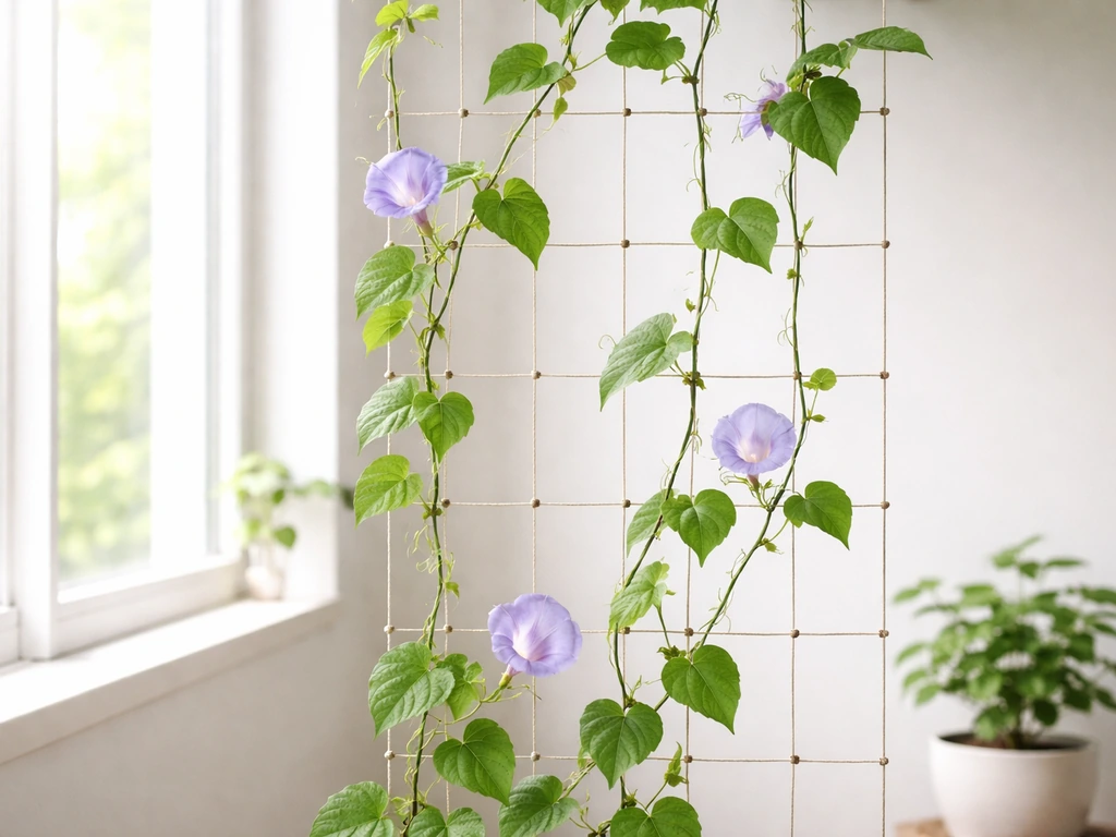 Morning glory vines neatly twined around an indoor string trellis near a bright window.