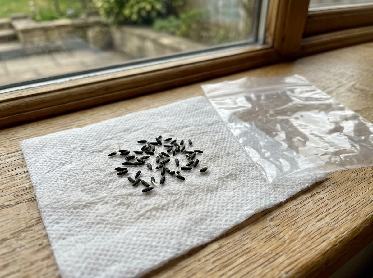 Nyjer seed on damp paper towel with tiny sprouting roots