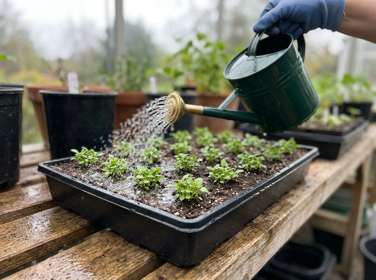 Gentle watering to keep nyjer seedlings evenly moist