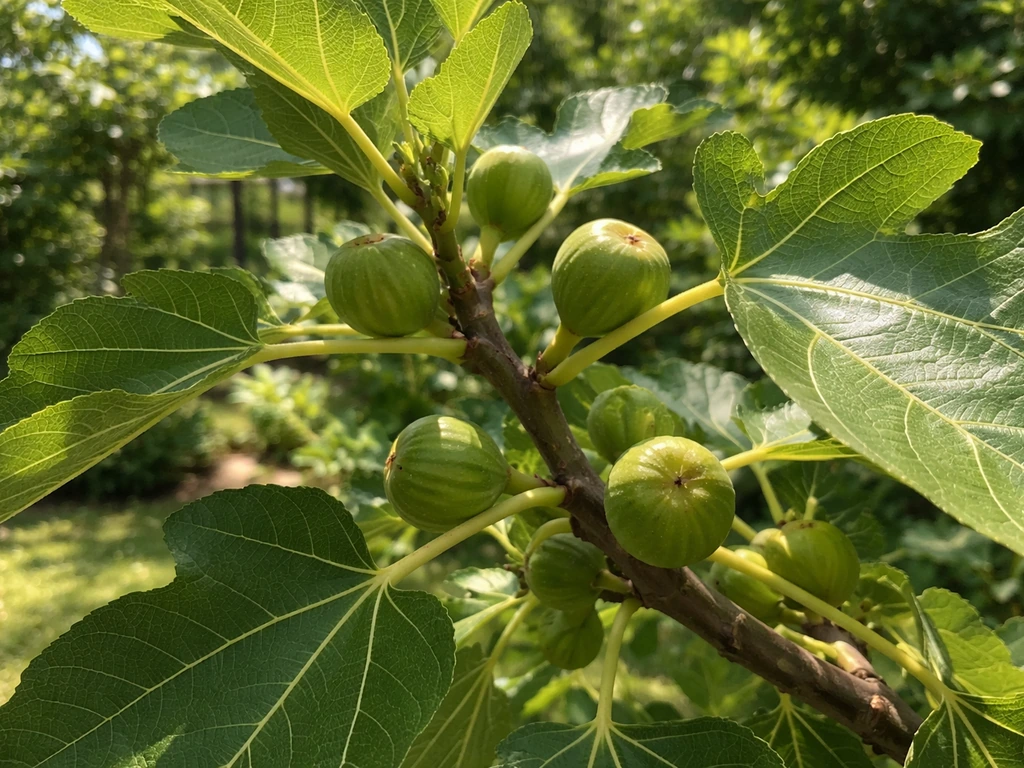 Healthy fig tree with fresh green leaves and small ripening figs in a sunny garden