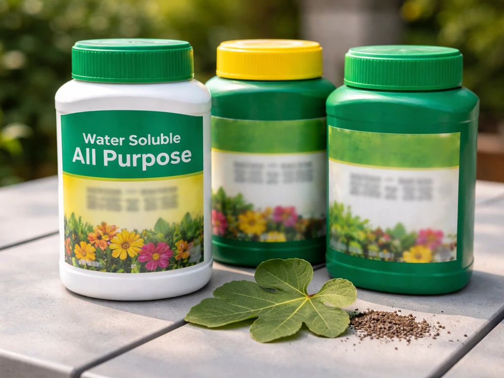 Close-up of several fertilizer bottles and a fig leaf on a patio table, showcasing gardening options.