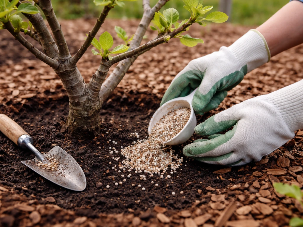 Gloved hands measuring and applying fertilizer around the base of an in-ground fig tree after new leaves appear