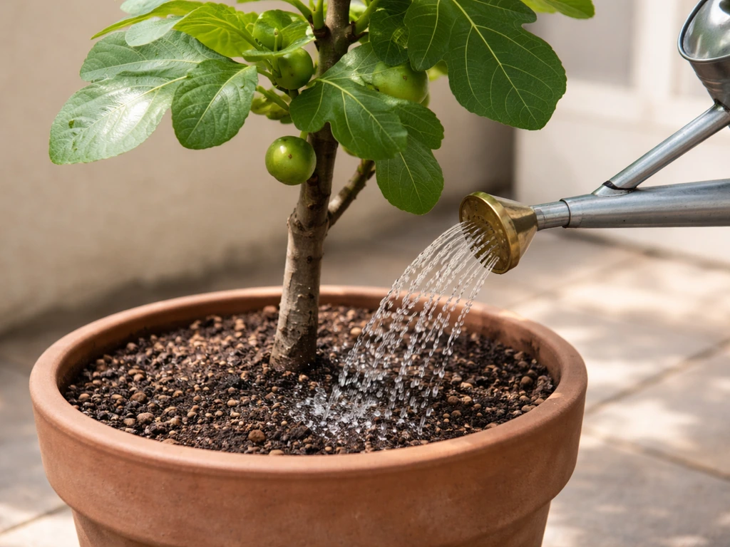 Watering a potted fig tree with a watering can pouring into the soil on a patio.