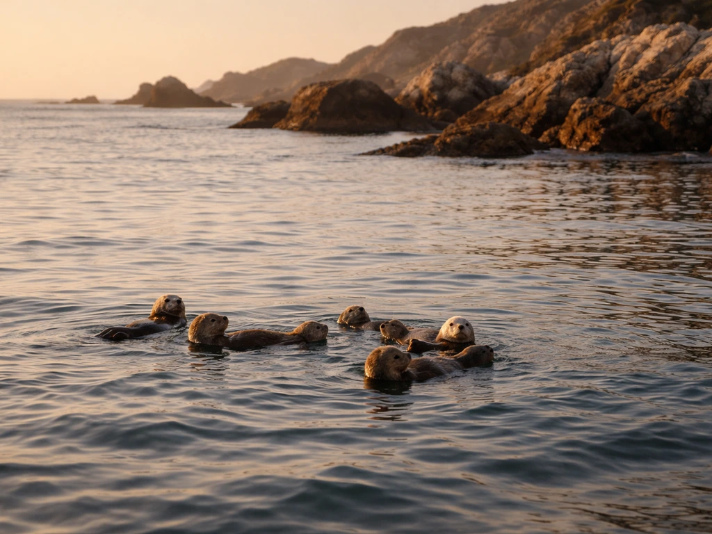 Sea otters resting on a rocky California-style shoreline with calm ocean water in minimal view.