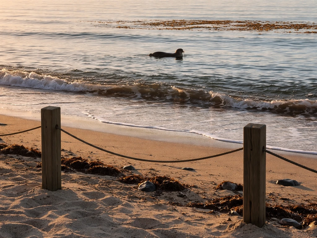 Sea otter viewing safety scene on a calm shoreline with safe-distance markers and no people