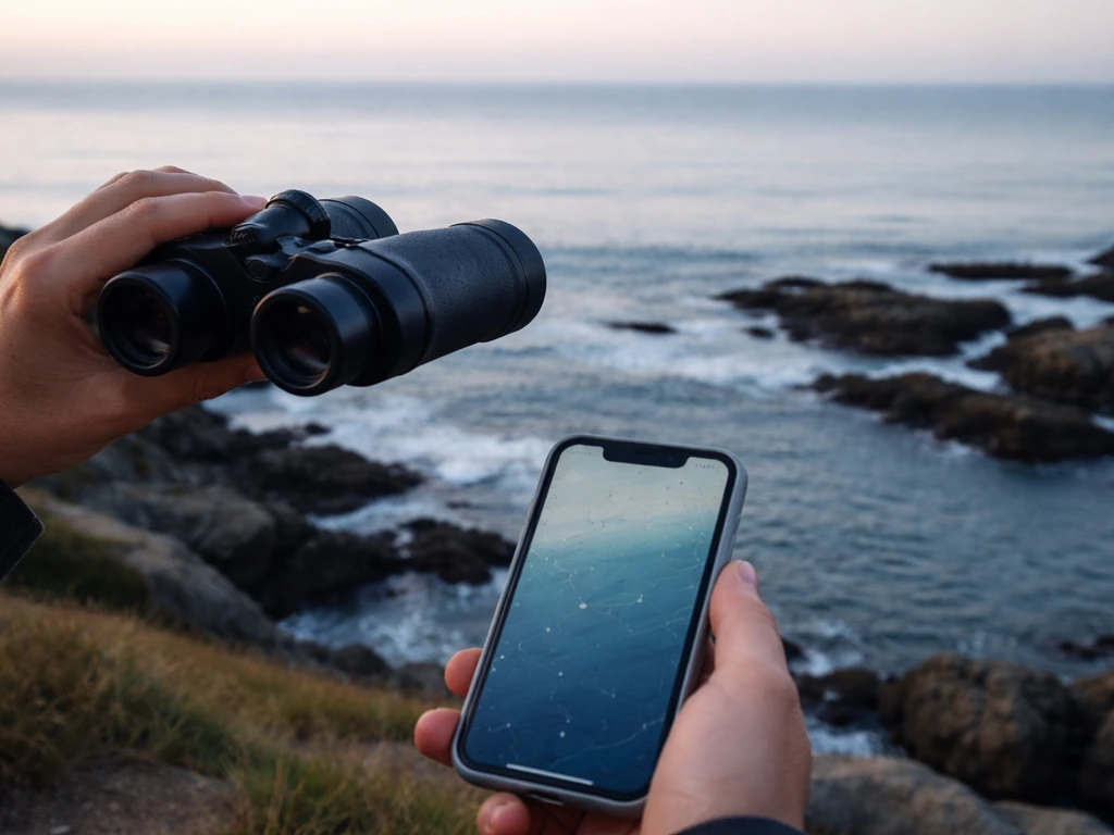 Hands with binoculars and a phone at a coastal viewpoint facing rocky intertidal habitat.