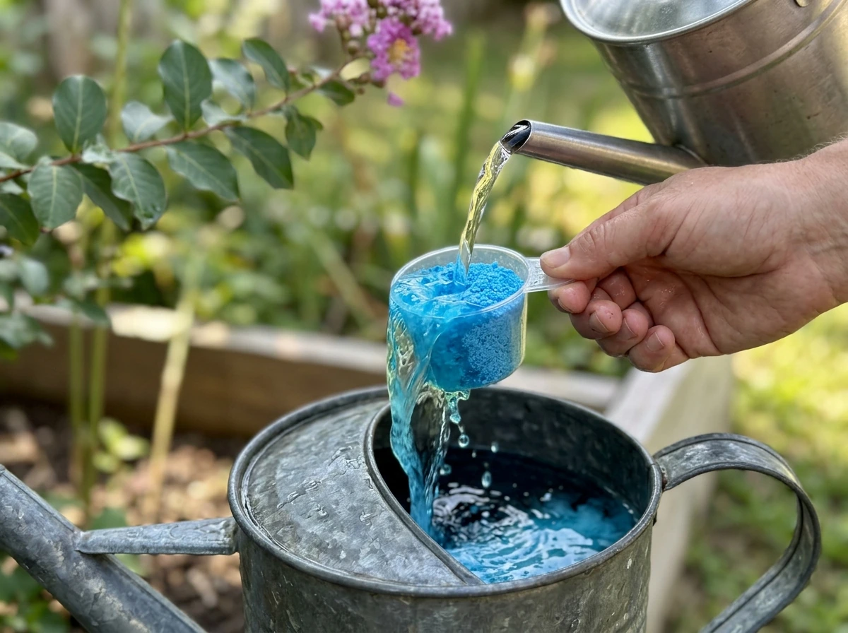 Water-soluble Miracle-Gro blue powder being mixed into water for crepe myrtle feeding.