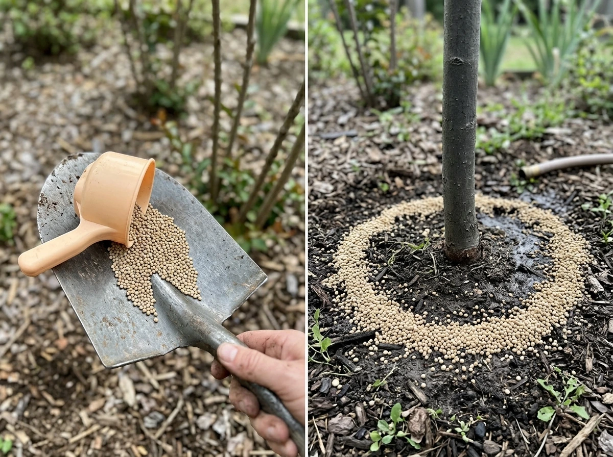 Hand spreading granular slow-release fertilizer pellets around a crepe myrtle.