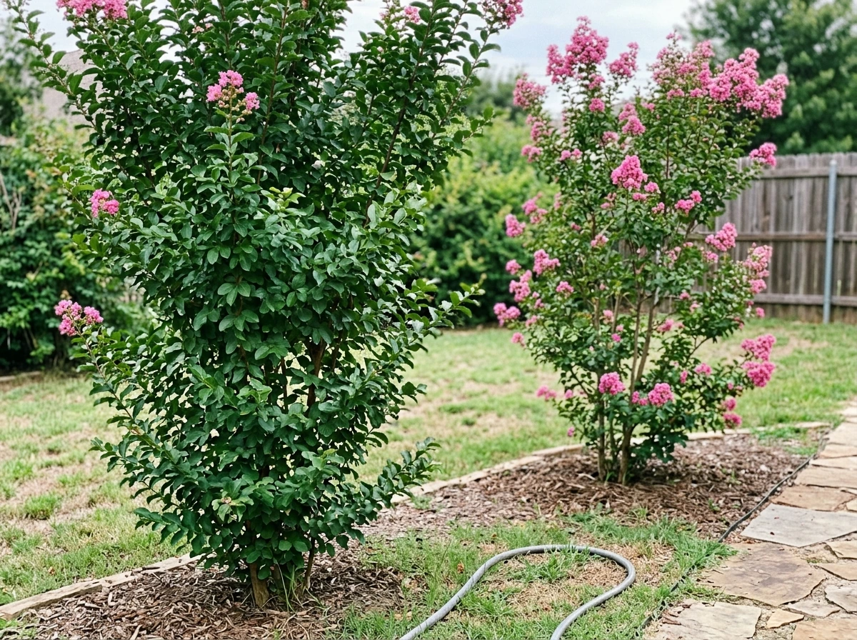 Two crepe myrtles showing differences between overfertilized growth and better bloom.
