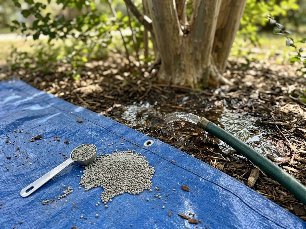 Soaking soil at the drip line and measuring granules before fertilizing crepe myrtle.