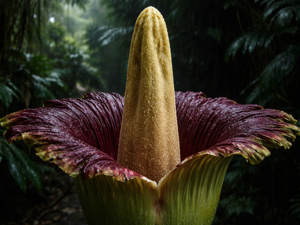 Dramatic close-up of a corpse flower bloom with dark rainforest background, creating an ominous mood
