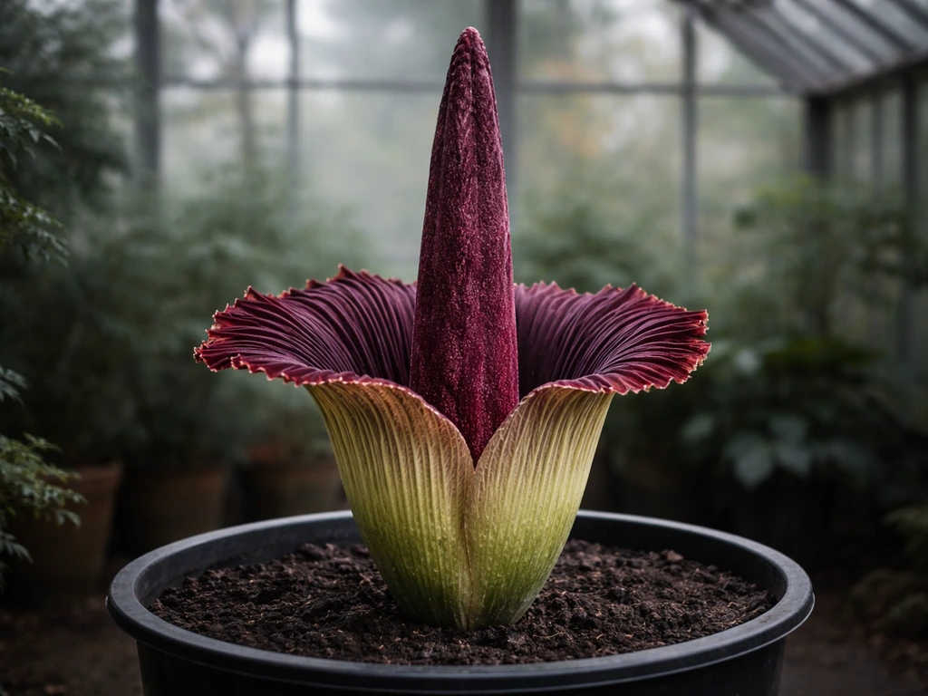 Close-up of a blooming corpse flower with maroon spadix emerging from dark soil in a greenhouse pot.