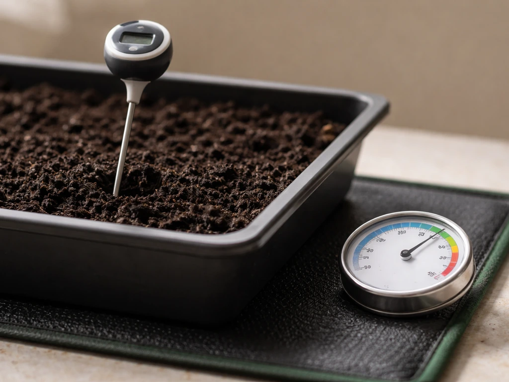 Hand-held humidity gauge beside a soil thermometer probe near a small heat mat on a tabletop