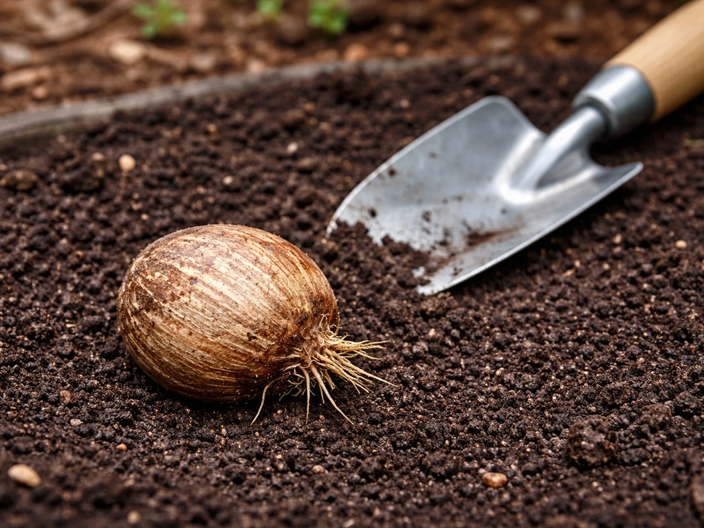 Firm, inspected corm resting in soil bed ready for planting, with clean trowel nearby.
