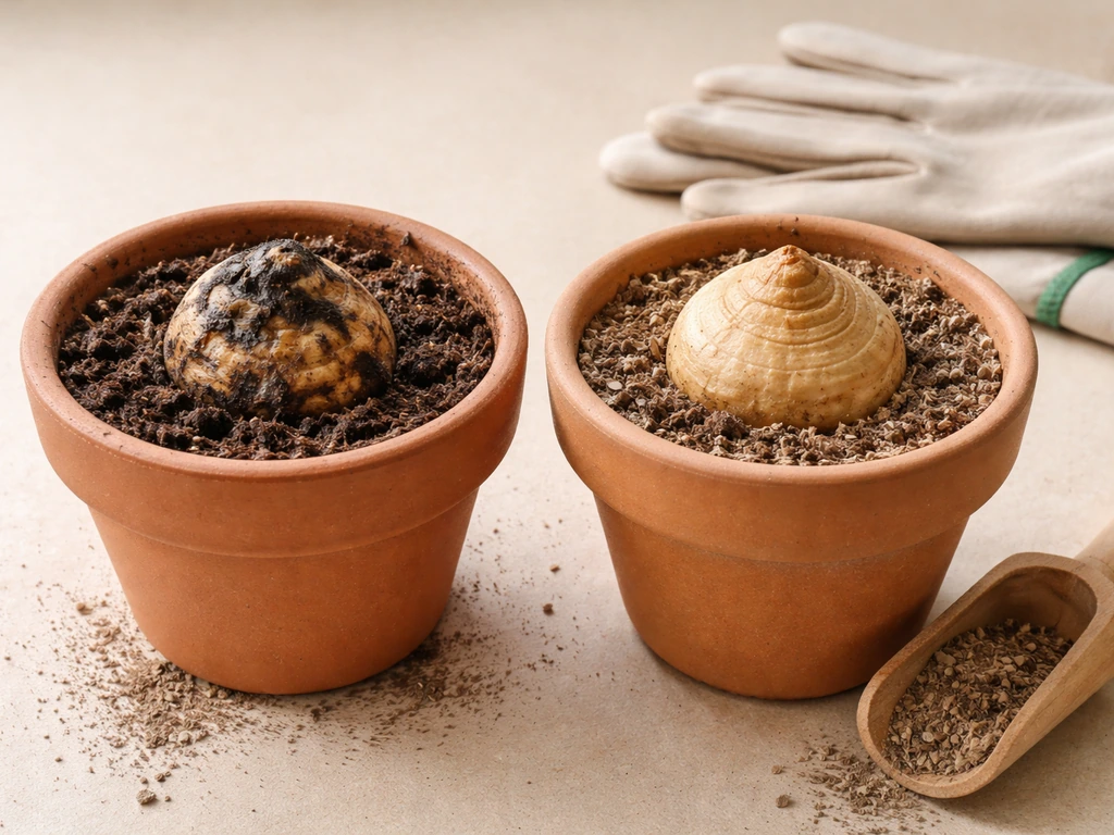 Two potted corms side by side: one looks rotted, the other firm and healthy, showing safe handling contrast
