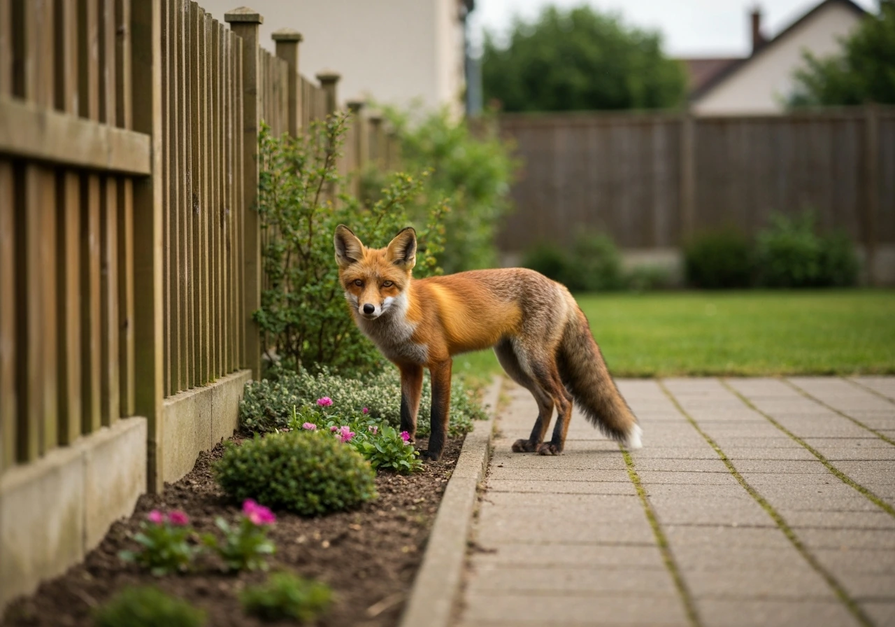Red fox at the edge of a residential garden near a fence and greenery, softly lit at dusk.