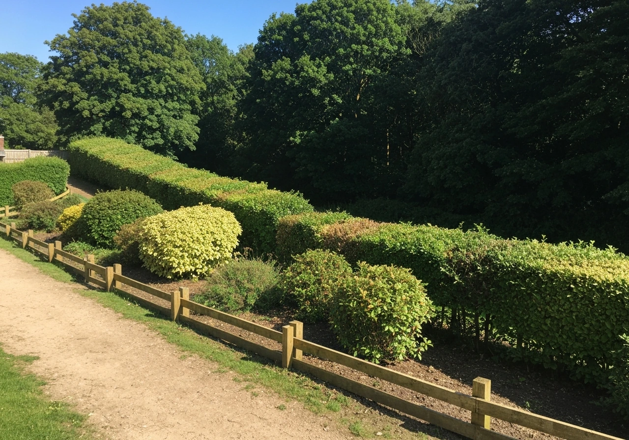 Garden edge showing a clear contrast between suburban hedges and denser forest beyond