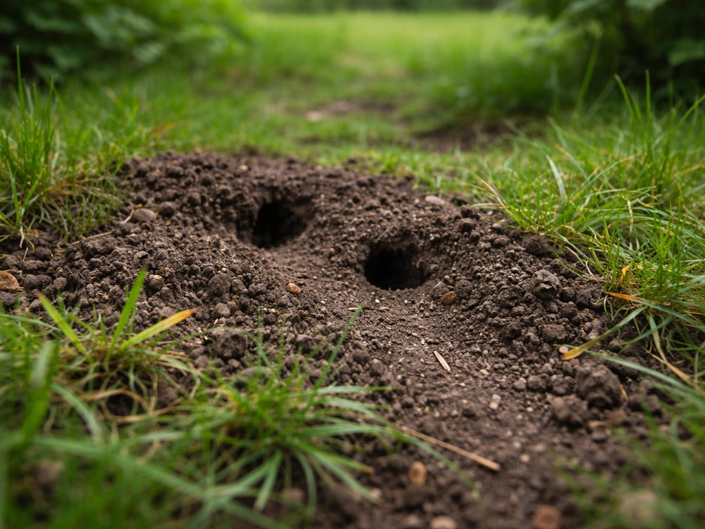 Close-up soil and grass in a garden with burrowing signs and visible rodent activity near cover