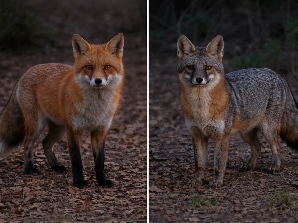 Side-by-side red fox and gray fox in dusk light, emphasizing tail-tip color and face/belly markings.