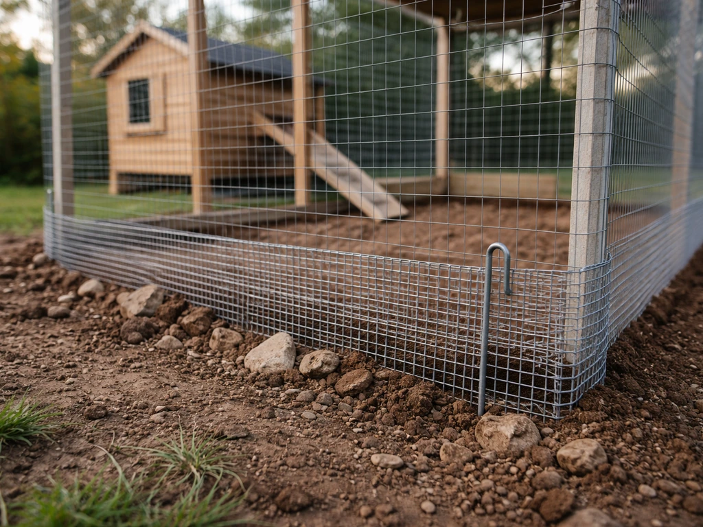 Hardware cloth barrier around an outdoor chicken coop/run with the buried edge visible