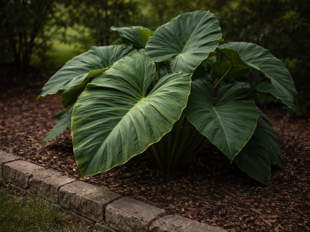 Bold elephant ear leaves anchoring a quiet garden corner with mulch and a simple stone edge.