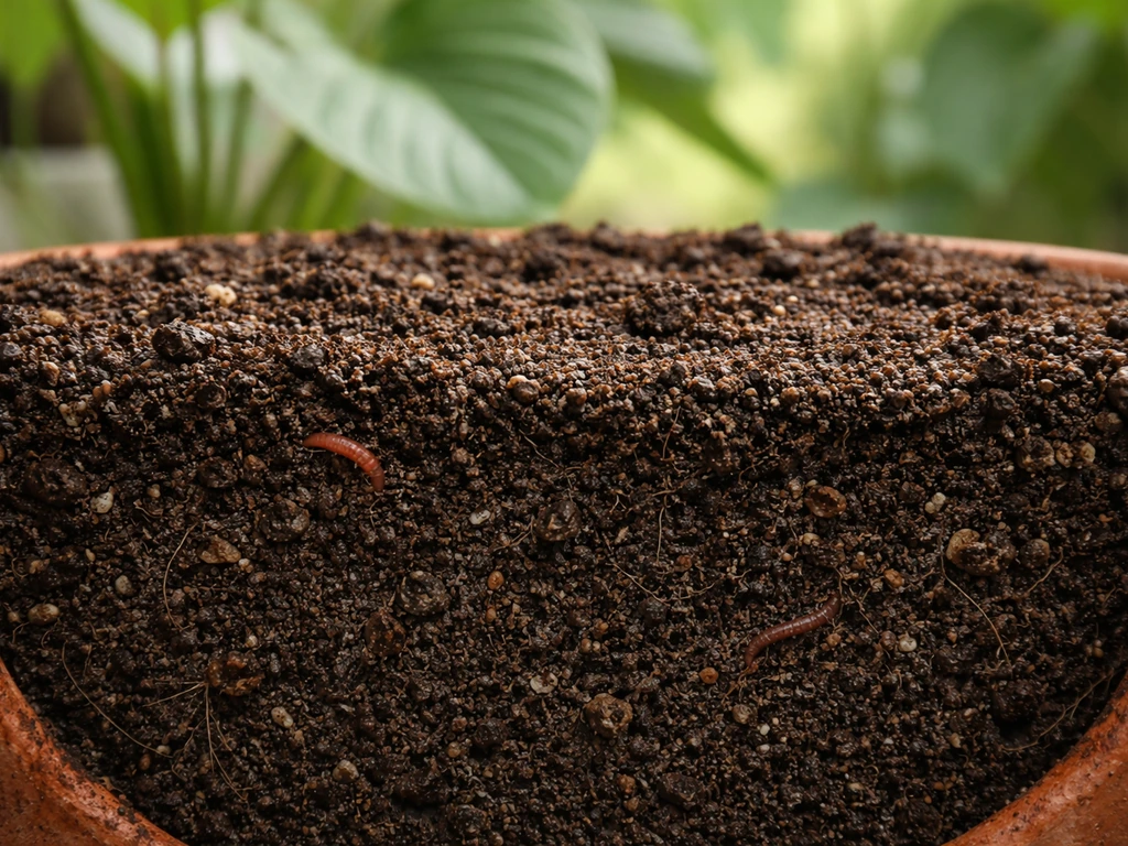 Close-up of rich dark loamy soil in a pot showing damp yet well-drained moisture texture.
