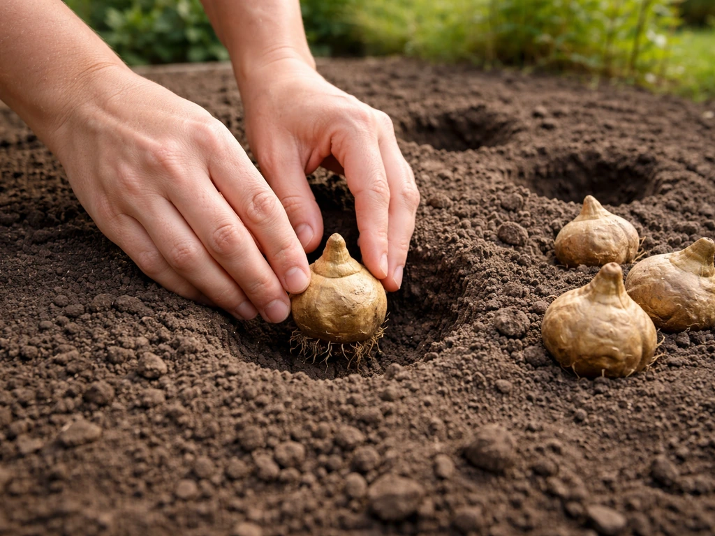 Hands place an elephant ear corm centered in soil at correct depth with spaced planting holes.