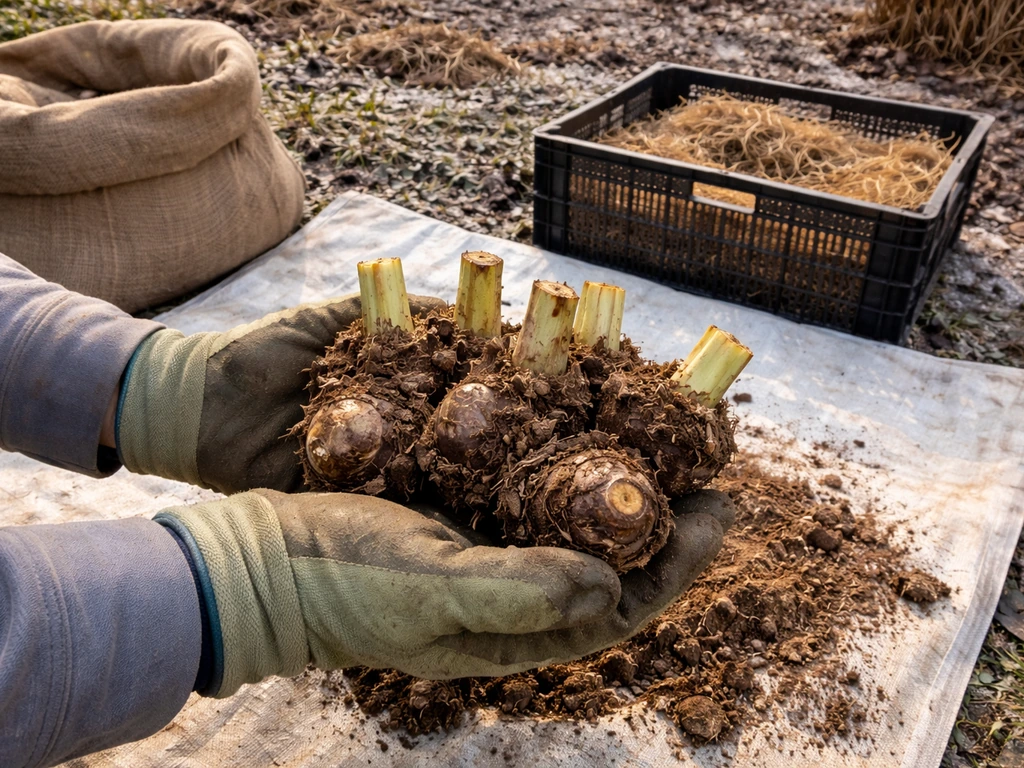 Gloved hands holding freshly dug corms beside short cut stems and burlap/peat-lined overwintering container.