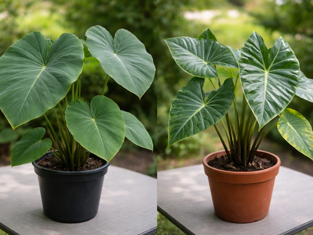 Close-up of two potted elephant-ear plants (Colocasia vs Alocasia) showing different leaf shapes.