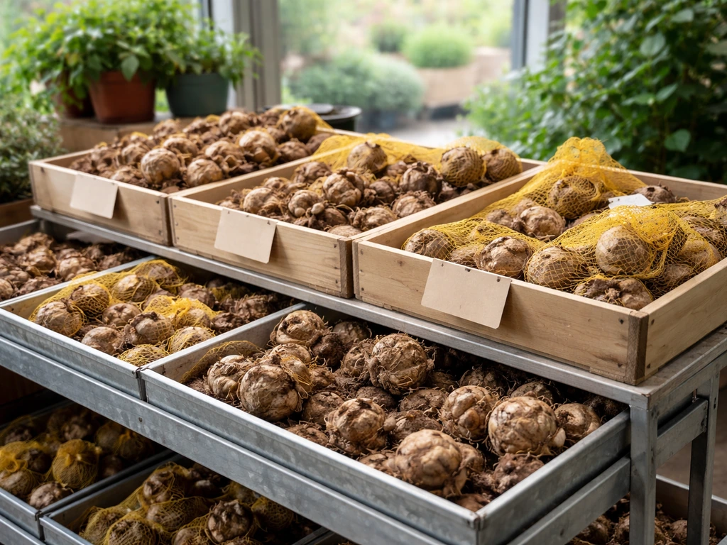 Elephant ear bulbs and tubers displayed on bins in a spring garden center aisle.