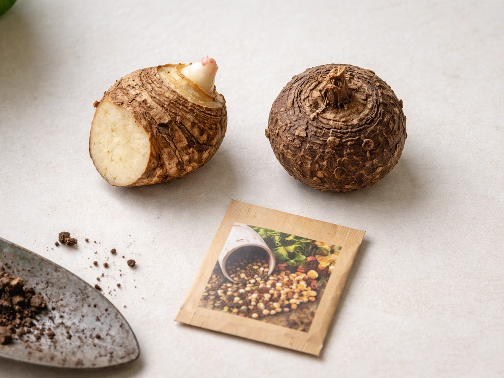 Close-up of elephant ear tuber and corm pieces beside a small seed packet on a clean work surface.