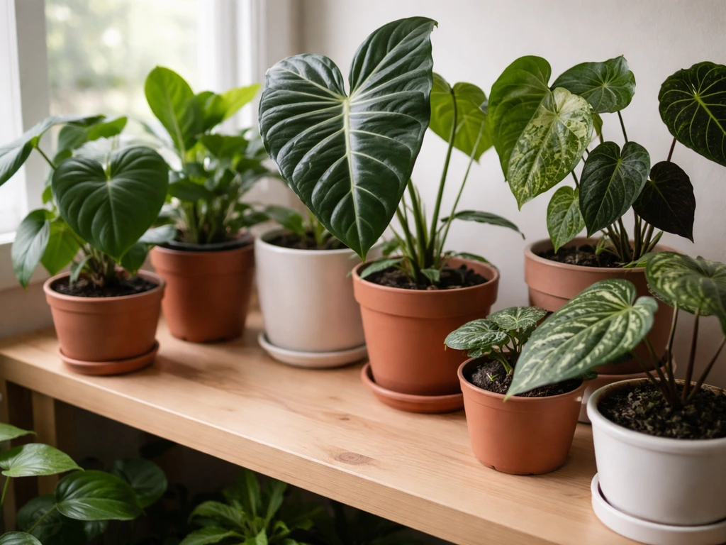 Assorted tropical aroids in simple pots on a wooden bench, one close-up showing leaf texture.