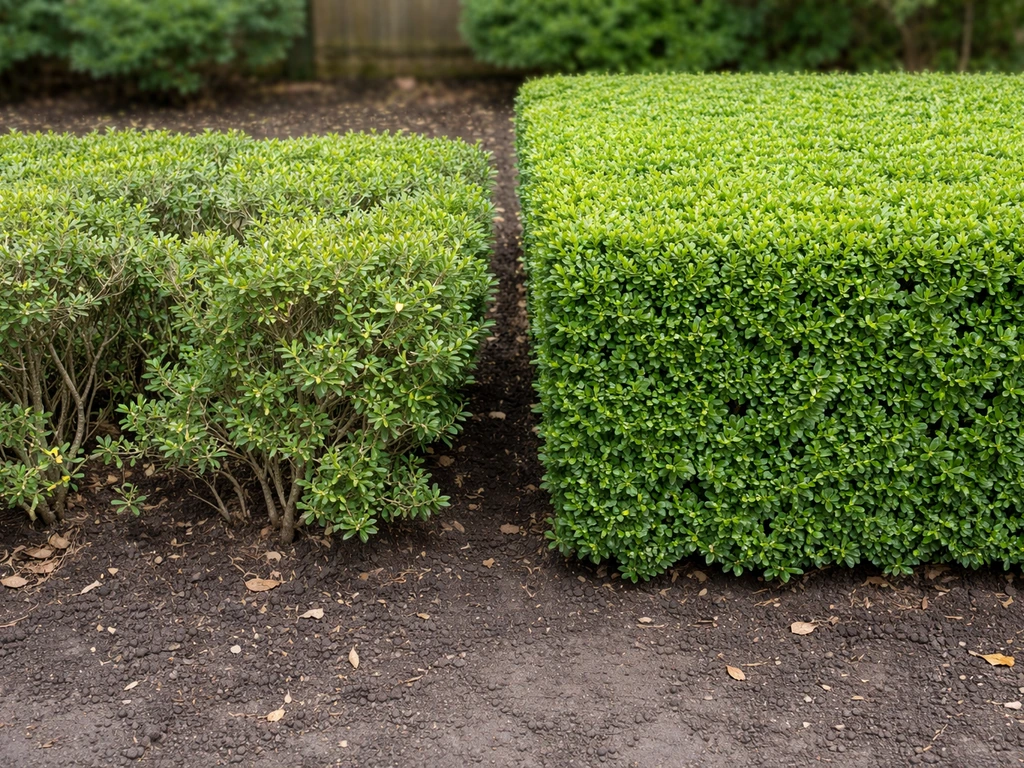 Side-by-side view of patchy boxwood hedge gaps next to a fuller, denser section in natural light.