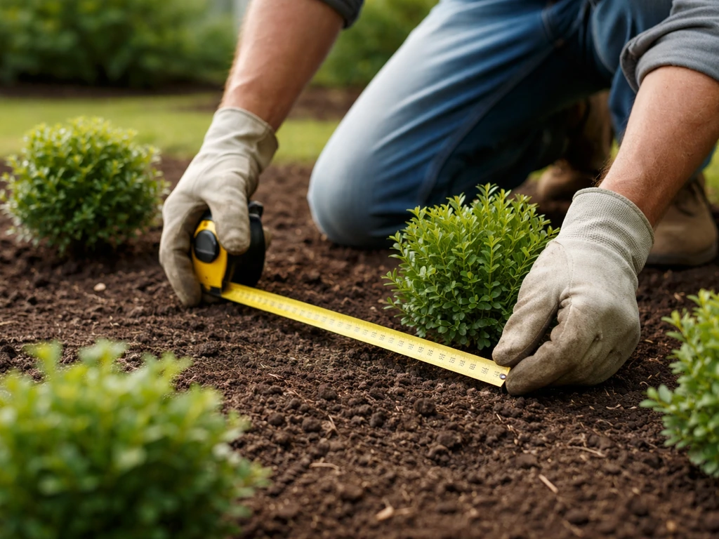 Gardener measuring planting spacing between small boxwood shrubs in a tidy garden bed